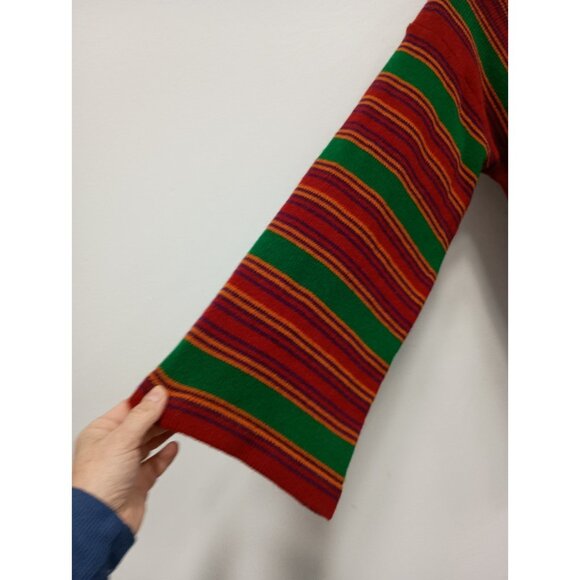 Vintage 90s Sweater Jacket Womens Large Green Red Striped Hooded BOHO Hippie - Picture 6 of 11